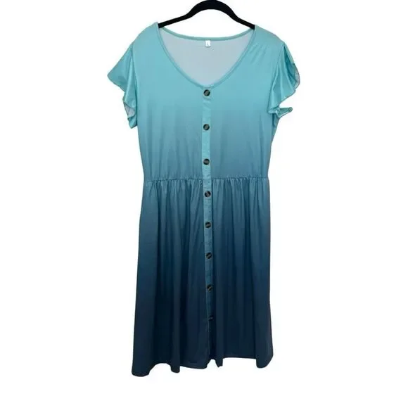 WNEEDU Casual Dress Mock Button Down Knee Length Size Large Pockets Aqua - Picture 2 of 5